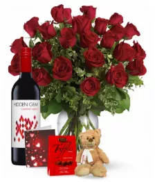 Two Dozen Red Roses and Red Wine Combo